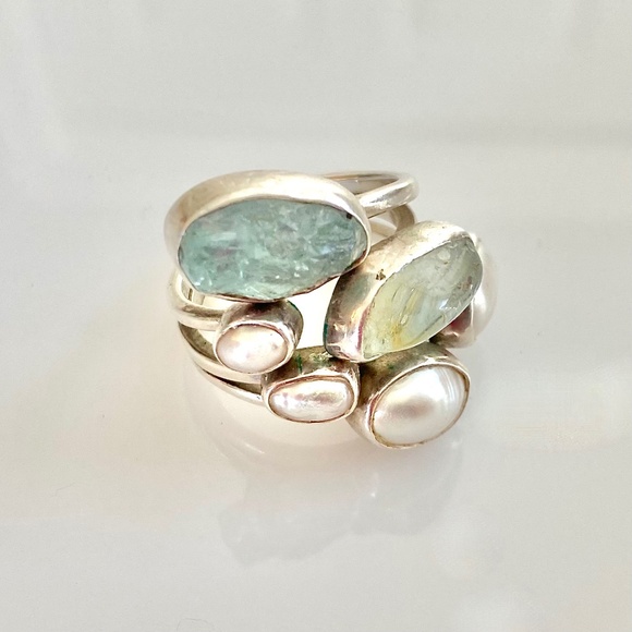 Lilly Barrack Ring Pearls & Aquamarine Sterling Silver - Picture 1 of 6